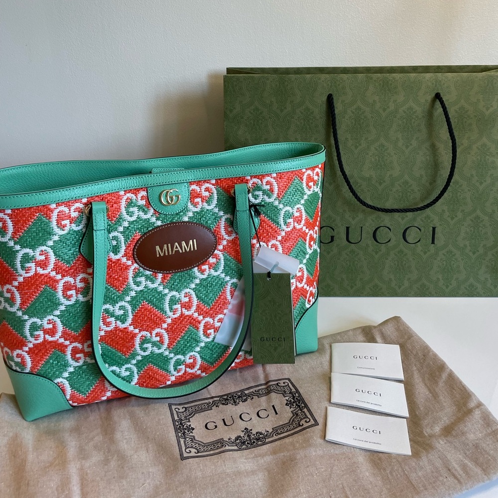 NWT GUCCI Ophidia Miami Straw Medium Straw tote bag GG Raffia